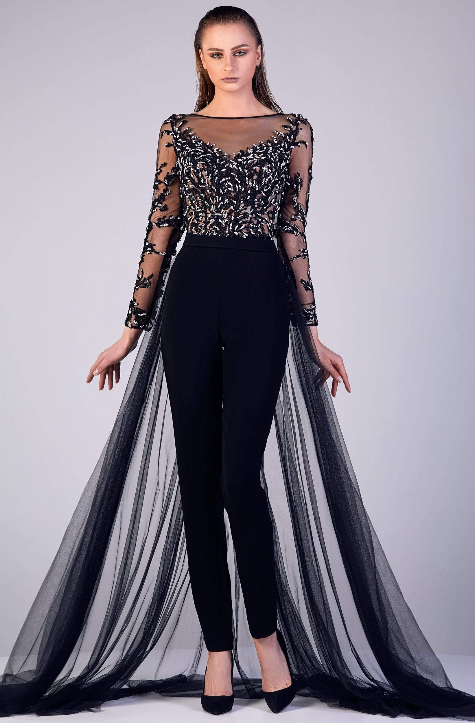 Image of Gatti Nolli Couture - OP-5193 Beaded Illusion Overskirt Jumpsuit