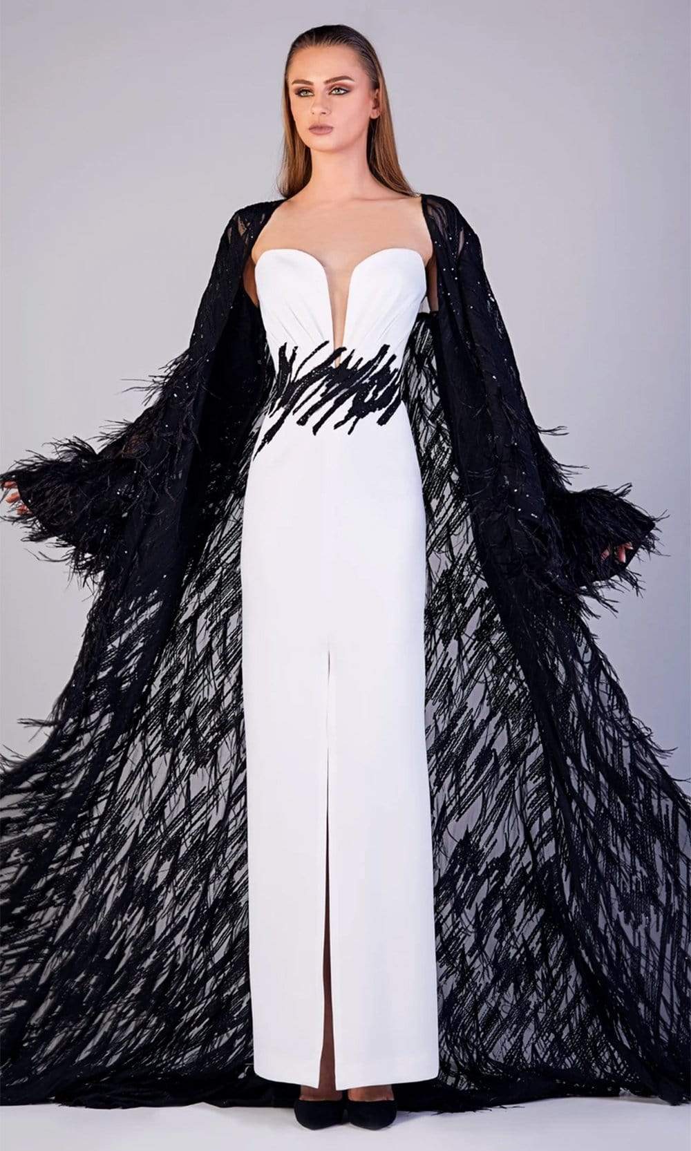 Image of Gatti Nolli Couture - OP-5199 Strapless Gown with Feathered Jacket