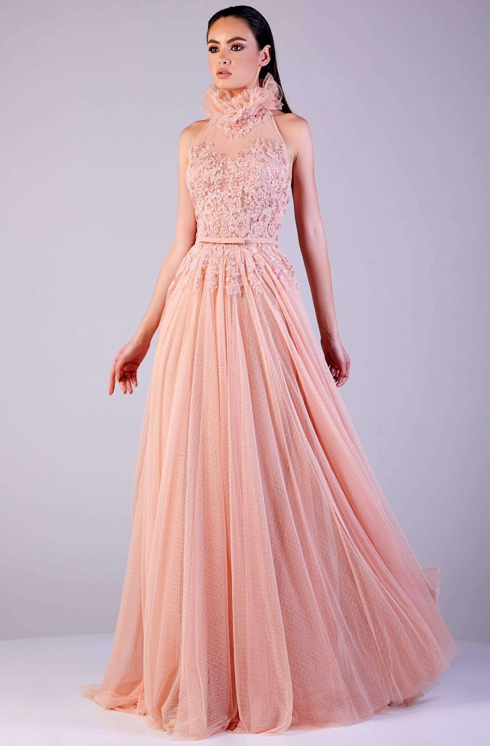 Image of Gatti Nolli Couture - OP-5202 Ruffled High Halter Lace Gown