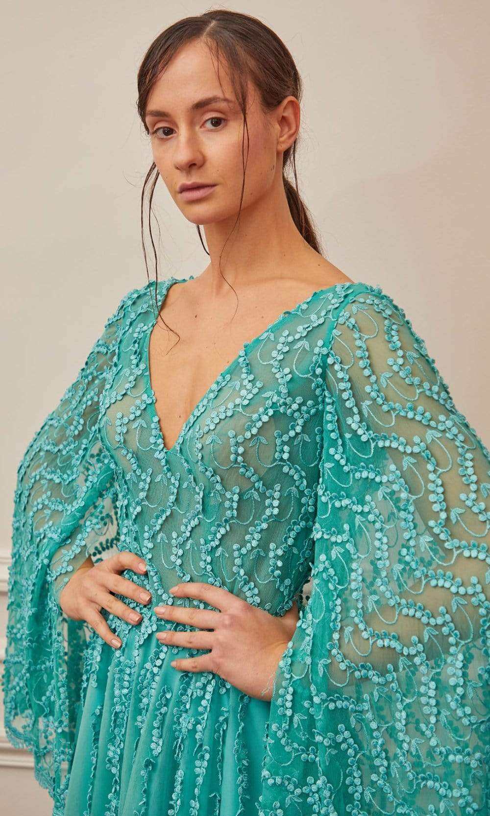 Image of Gatti Nolli Couture - OP-5344 V Neck Cape A-Line Evening Dress