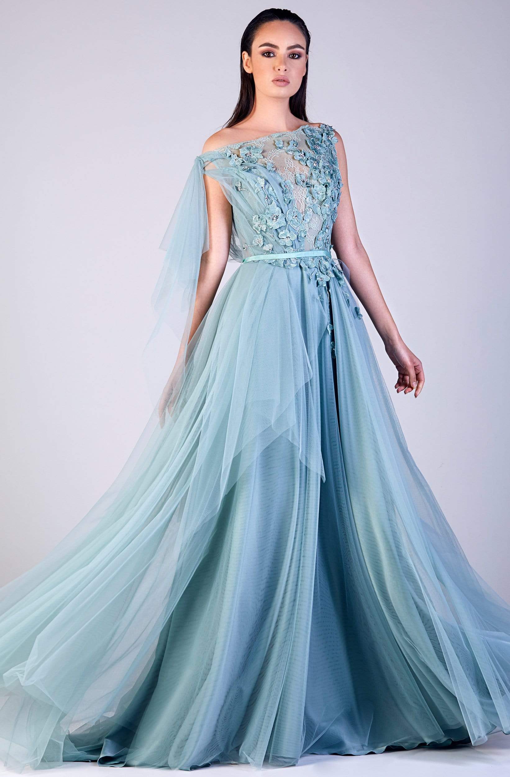 Image of Gatti Nolli Couture - OP-5502 Floral Applique Asymmetric A-line Dress
