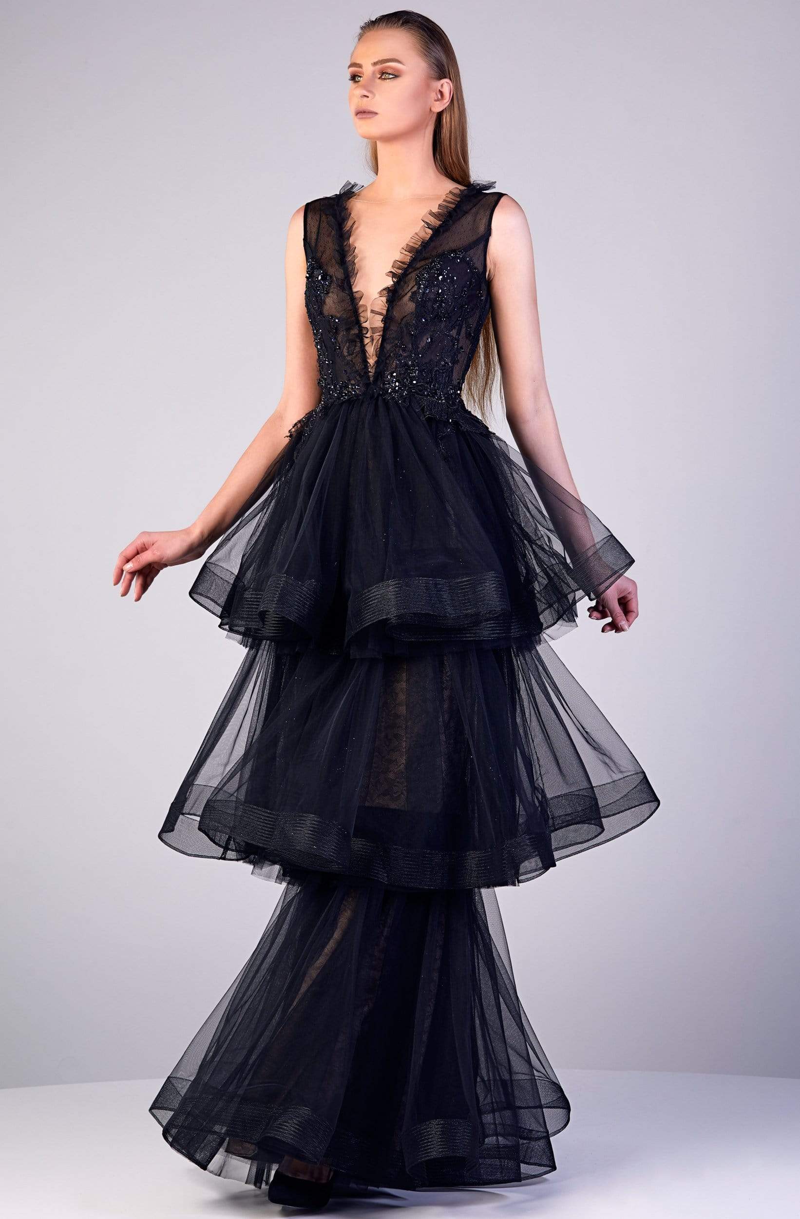 Image of Gatti Nolli Couture - OP-5505 Sleeveless V Neck Ruffle Tiered Gown