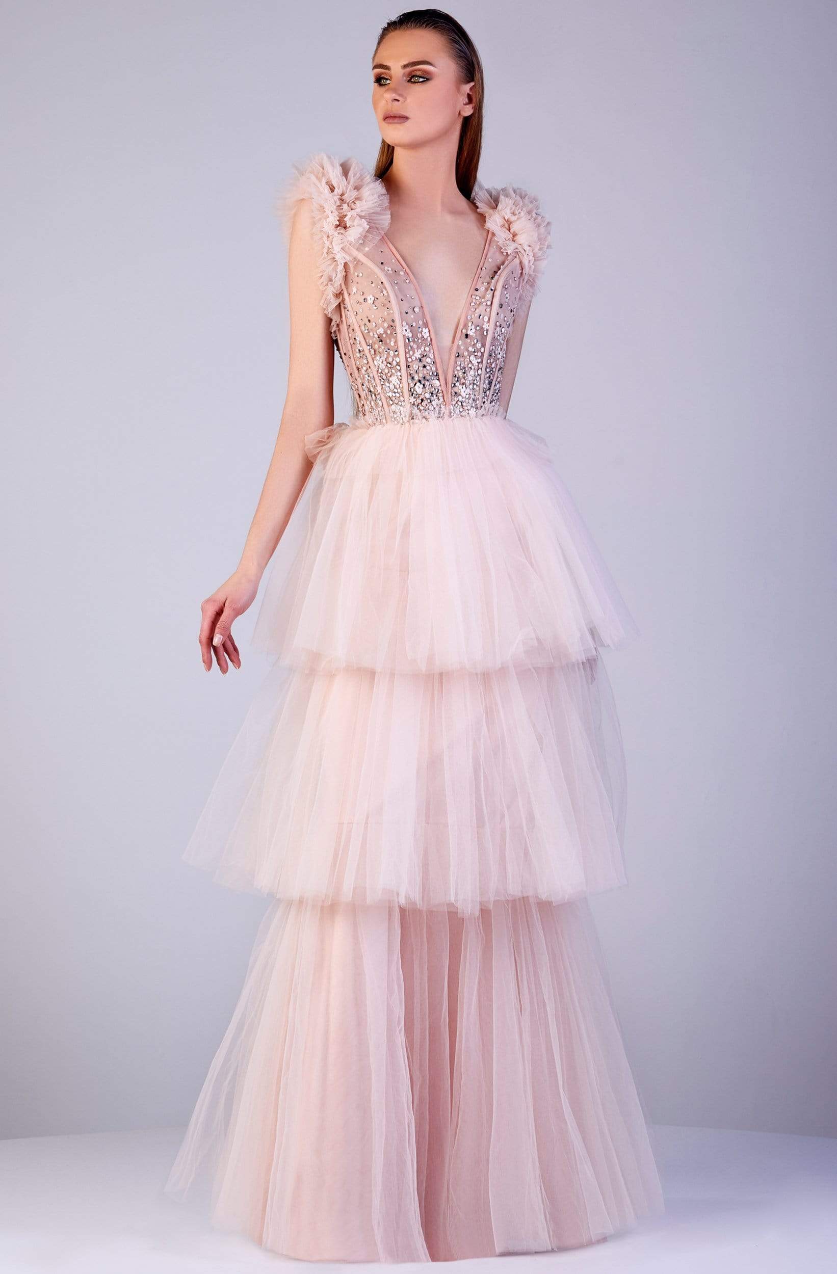 Image of Gatti Nolli Couture - OP-5508 Plunging Pearl-Adorned Tulle Tiered Gown