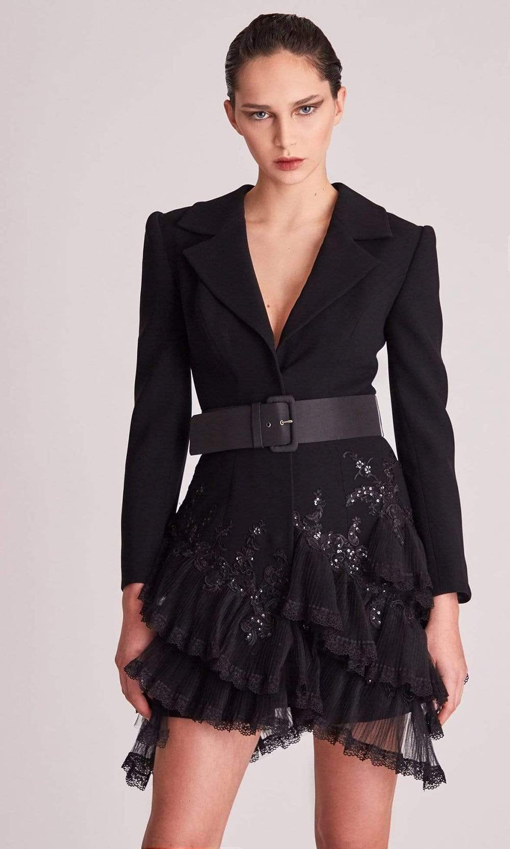 Image of Gatti Nolli Couture - OP5712 Tuxedo-Cut Lace Trimmed Short Dress