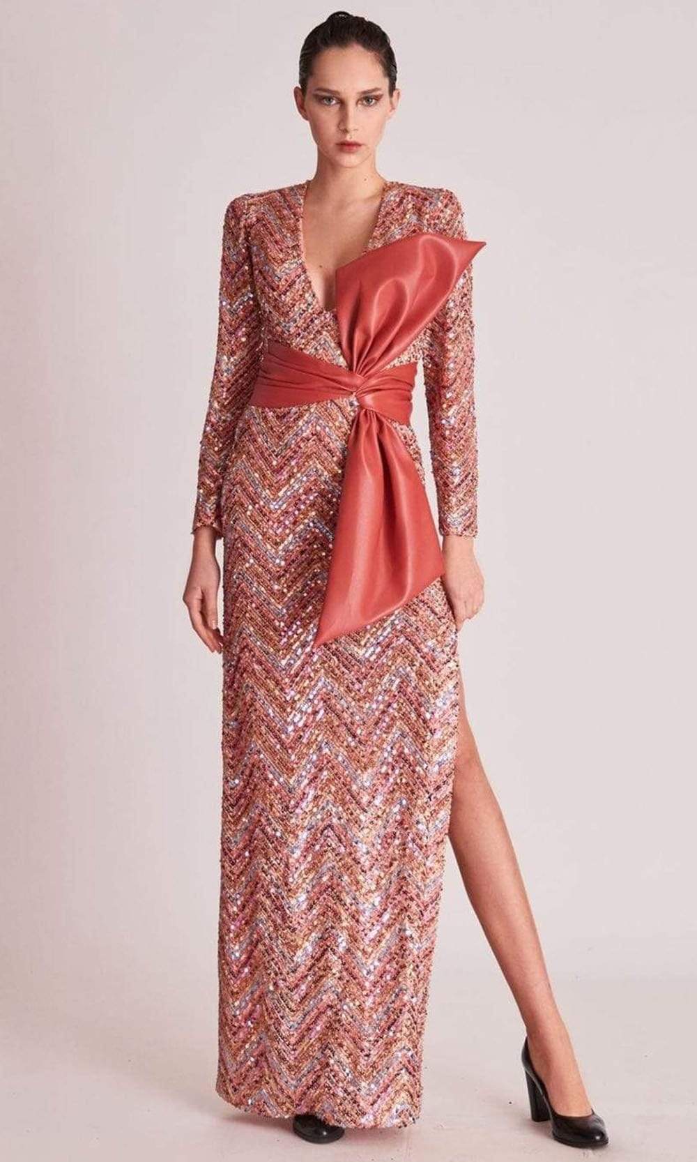 Image of Gatti Nolli Couture - OP5793 V Neck Multi Colored Bow Dress
