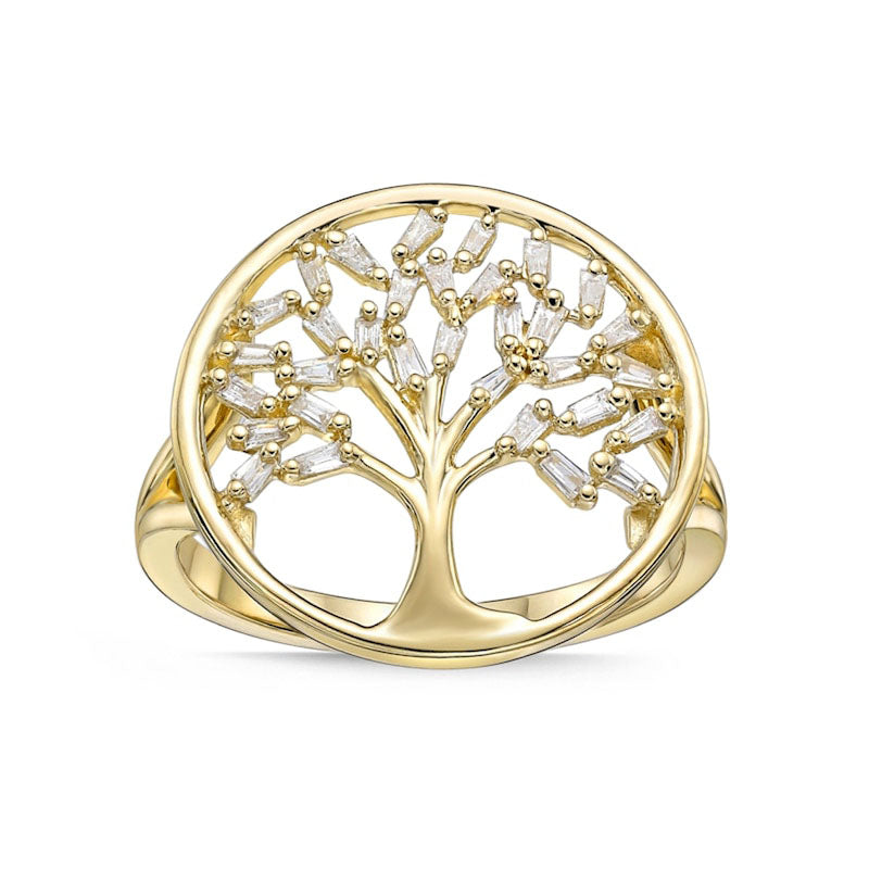 Image of ID 1 017 CT TW Baguette Natural Diamond Tree of Life Ring in Solid 10K Yellow Gold