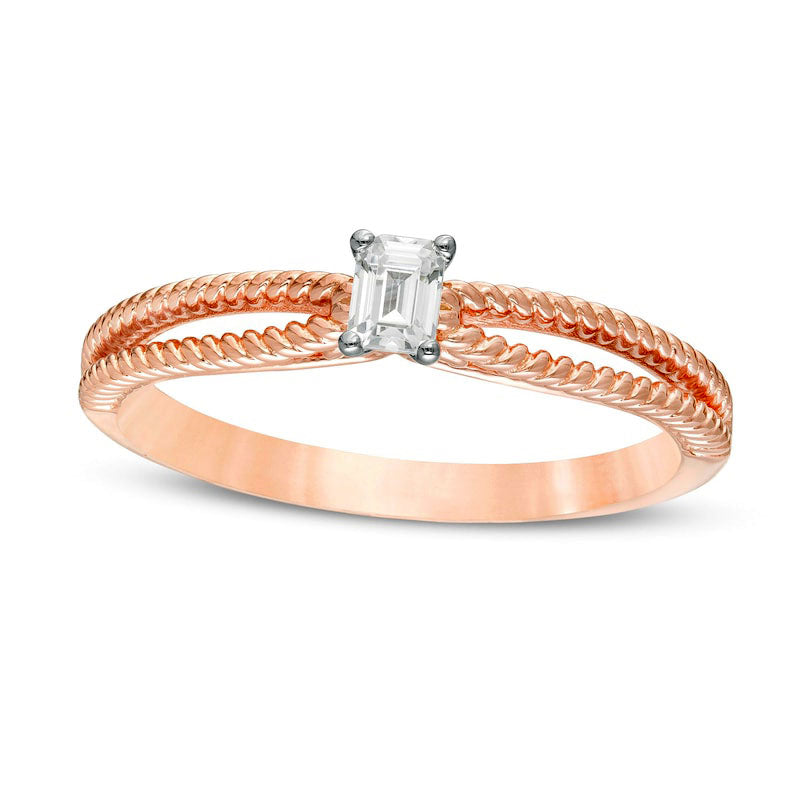 Image of ID 1 020 CT Emerald-Cut Natural Clarity Enhanced Diamond Solitaire Rope Split Shank Promise Ring in Solid 14K Rose Gold