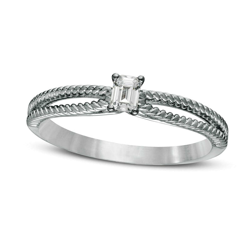 Image of ID 1 020 CT Emerald-Cut Natural Clarity Enhanced Diamond Solitaire Rope Split Shank Ring in Solid 14K White Gold