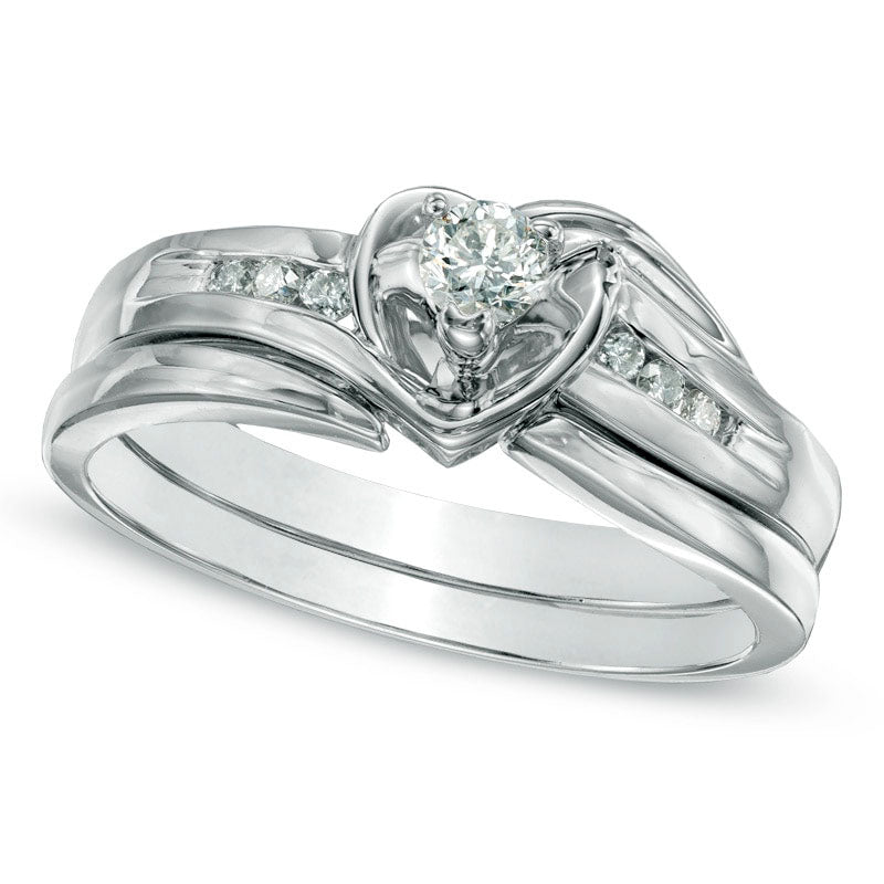 Image of ID 1 020 CT TW Natural Diamond Heart Bridal Engagement Ring Set in Solid 10K White Gold