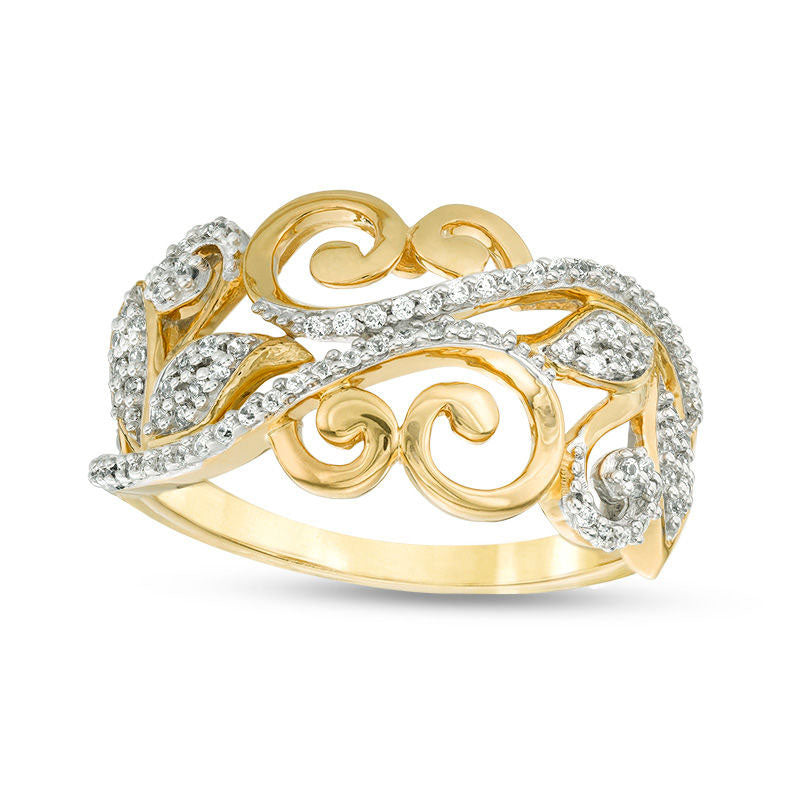Image of ID 1 020 CT TW Natural Diamond Scroll Vine with Leaves Ring in Solid 10K Yellow Gold
