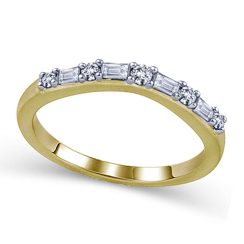 Image of ID 1 025 CT TW Baguette-Cut and Round Natural Diamond Alternating Wedding Band in Solid 14K Gold