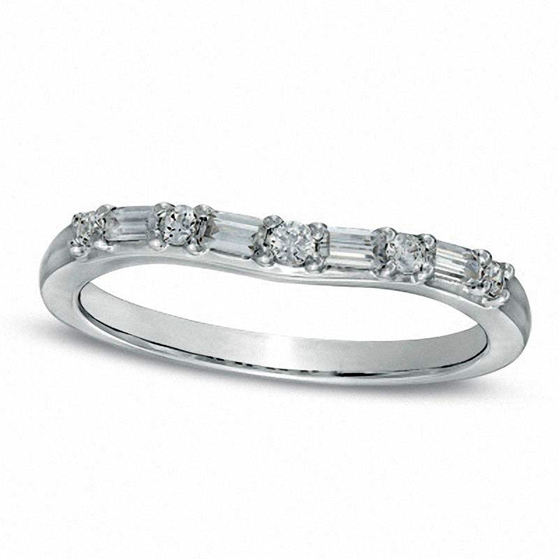 Image of ID 1 025 CT TW Baguette and Round Natural Diamond Alternating Contour Wedding Band in Solid 14K White Gold