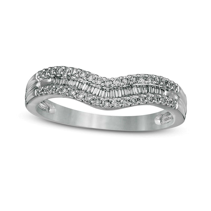 Image of ID 1 025 CT TW Baguette and Round Natural Diamond Contour Multi-Row Anniversary Band in Solid 14K White Gold