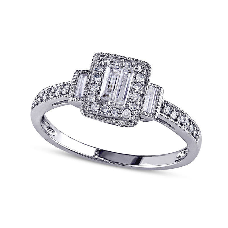 Image of ID 1 025 CT TW Composite Baguette Natural Diamond Rectangle Frame Engagement Ring in Solid 10K White Gold