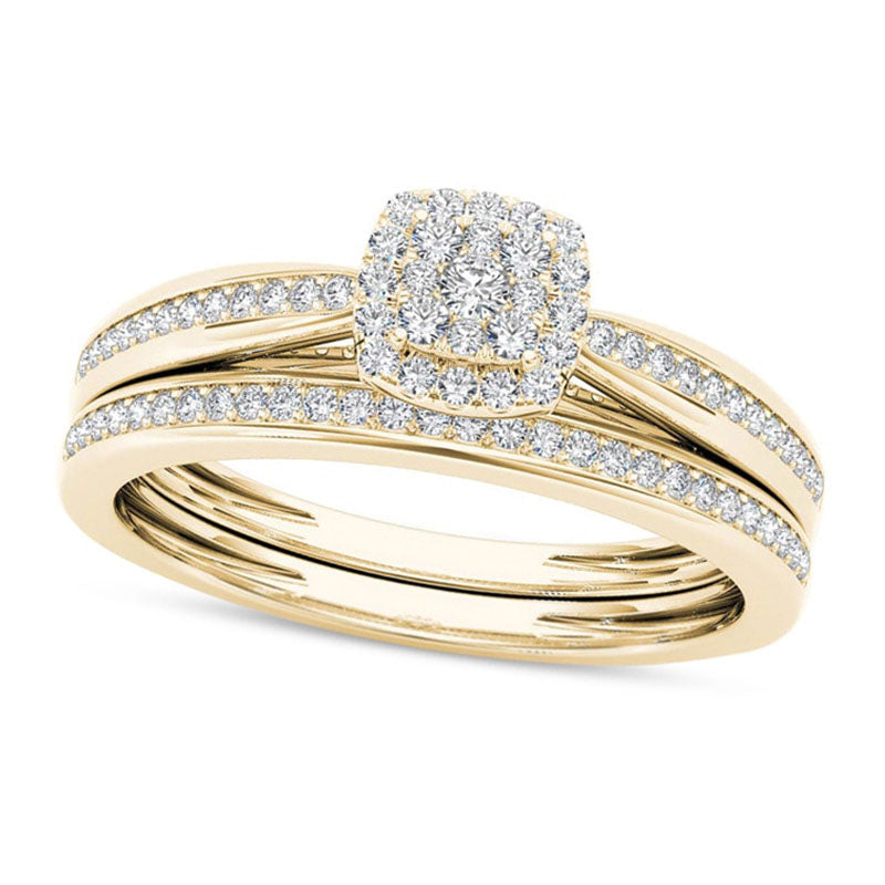 Image of ID 1 025 CT TW Composite Natural Diamond Cushion Frame Bridal Engagement Ring Set in Solid 14K Gold