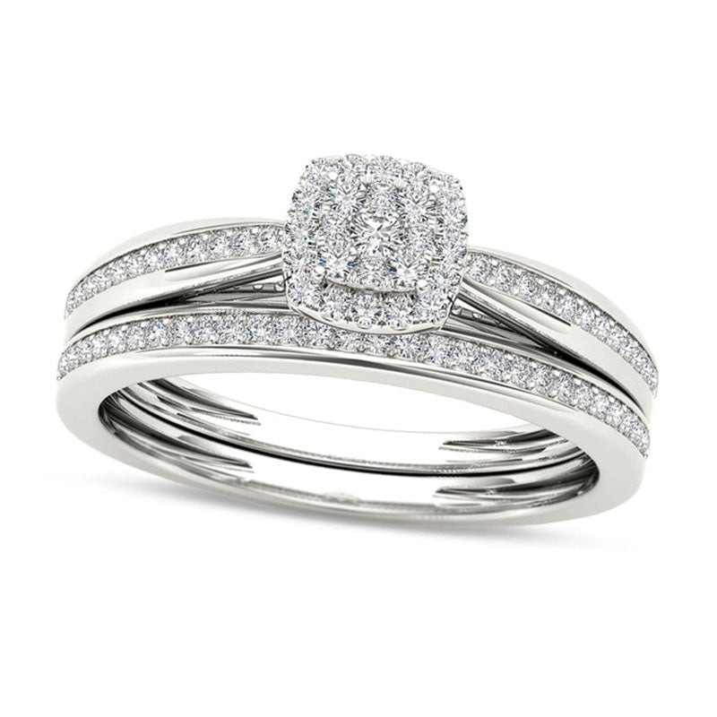 Image of ID 1 025 CT TW Composite Natural Diamond Cushion Frame Bridal Engagement Ring Set in Solid 14K White Gold