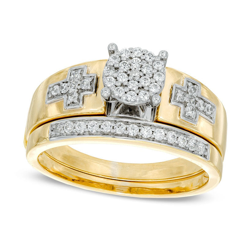 Image of ID 1 025 CT TW Natural Diamond Cross Bridal Engagement Ring Set in Solid 10K Yellow Gold