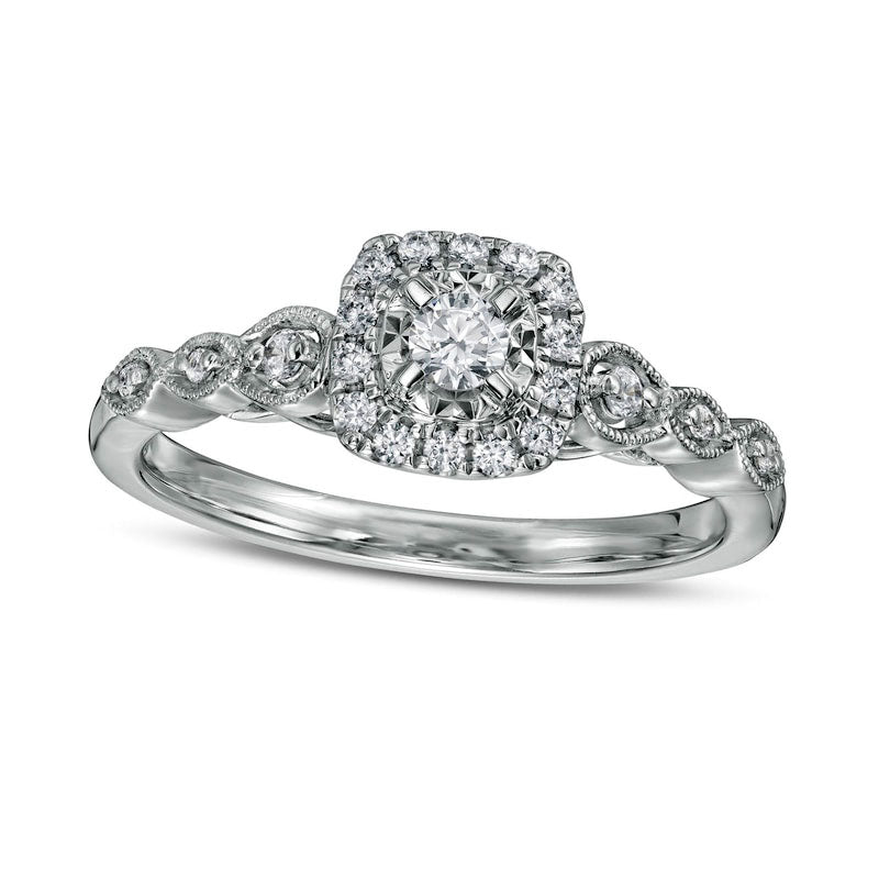 Image of ID 1 025 CT TW Natural Diamond Cushion-Shaped Frame Scallop Edge Engagement Ring in Solid 10K White Gold