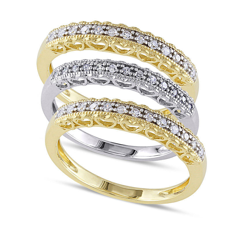 Image of ID 1 025 CT TW Natural Diamond Heart Antique Vintage-Style Stackable Three Ring Set in Solid 10K Two-Tone Gold