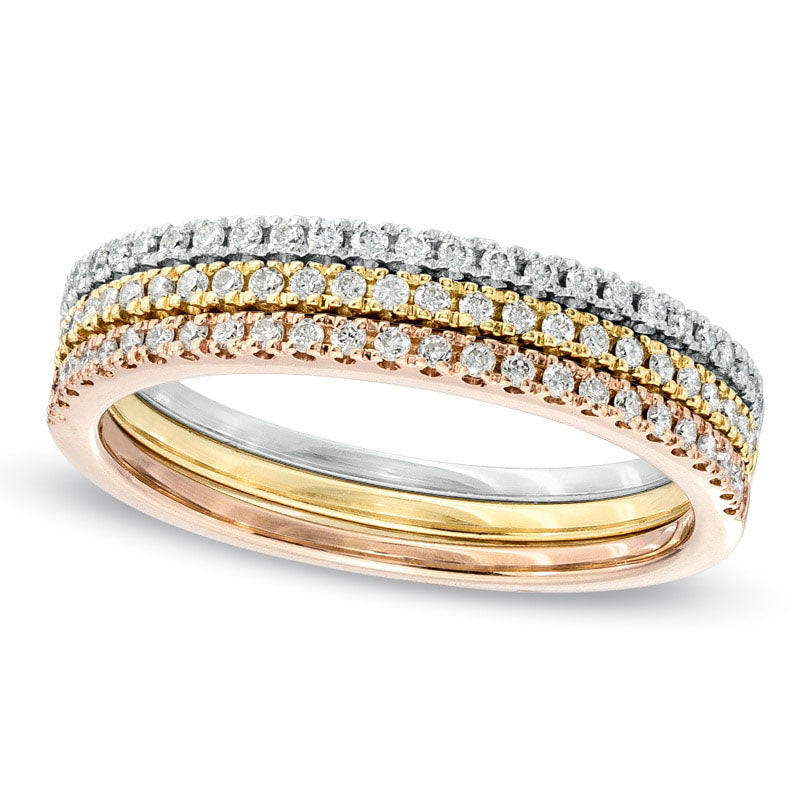 Image of ID 1 025 CT TW Natural Diamond Three Piece Band Stackable Set in Solid 10K Tri-Tone Gold