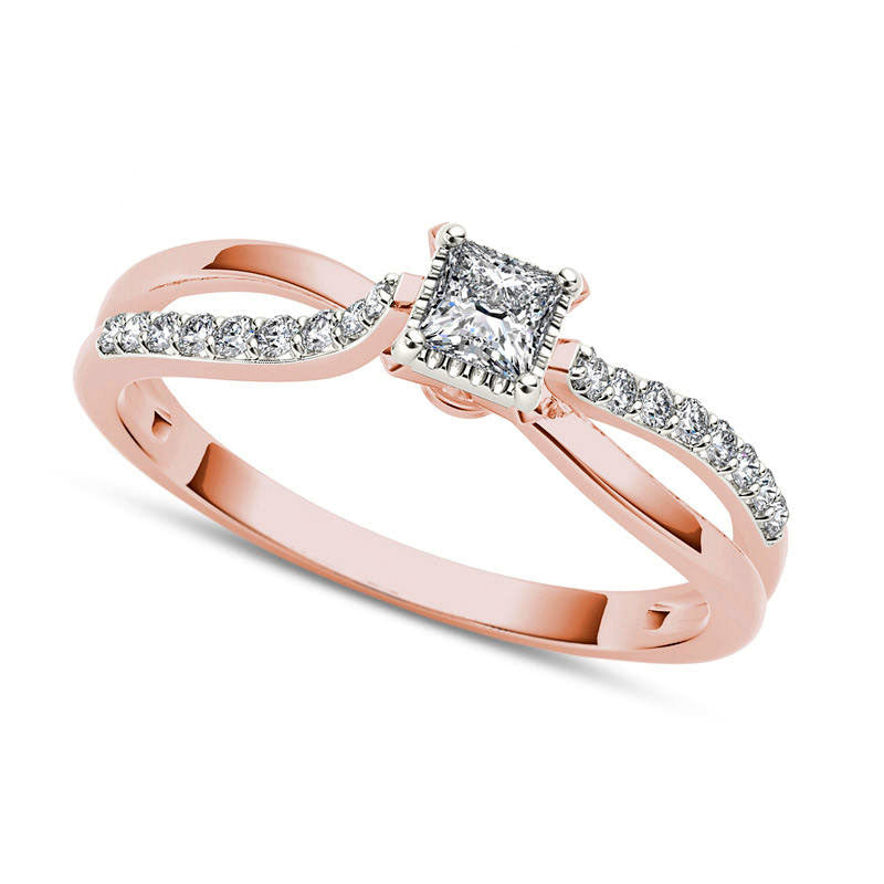 Image of ID 1 025 CT TW Princess-Cut Natural Diamond Split Shank Engagement Ring in Solid 14K Rose Gold