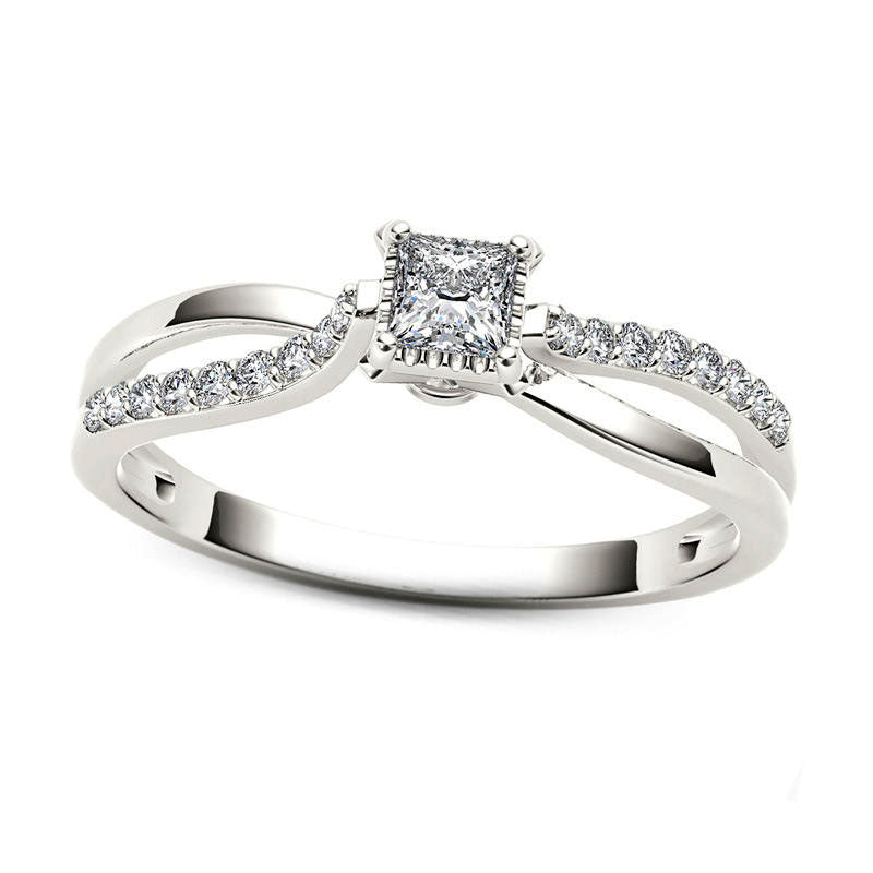 Image of ID 1 025 CT TW Princess-Cut Natural Diamond Split Shank Engagement Ring in Solid 14K White Gold