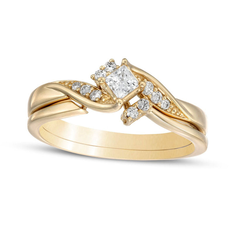 Image of ID 1 025 CT TW Princess-Cut Natural Diamond Tilted Bypass Bridal Engagement Ring Set in Solid 10K Yellow Gold