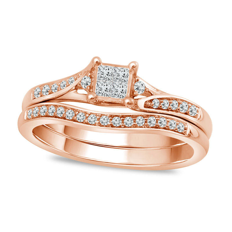 Image of ID 1 025 CT TW Quad Princess-Cut Natural Diamond Bypass Bridal Engagement Ring Set in Solid 10K Rose Gold
