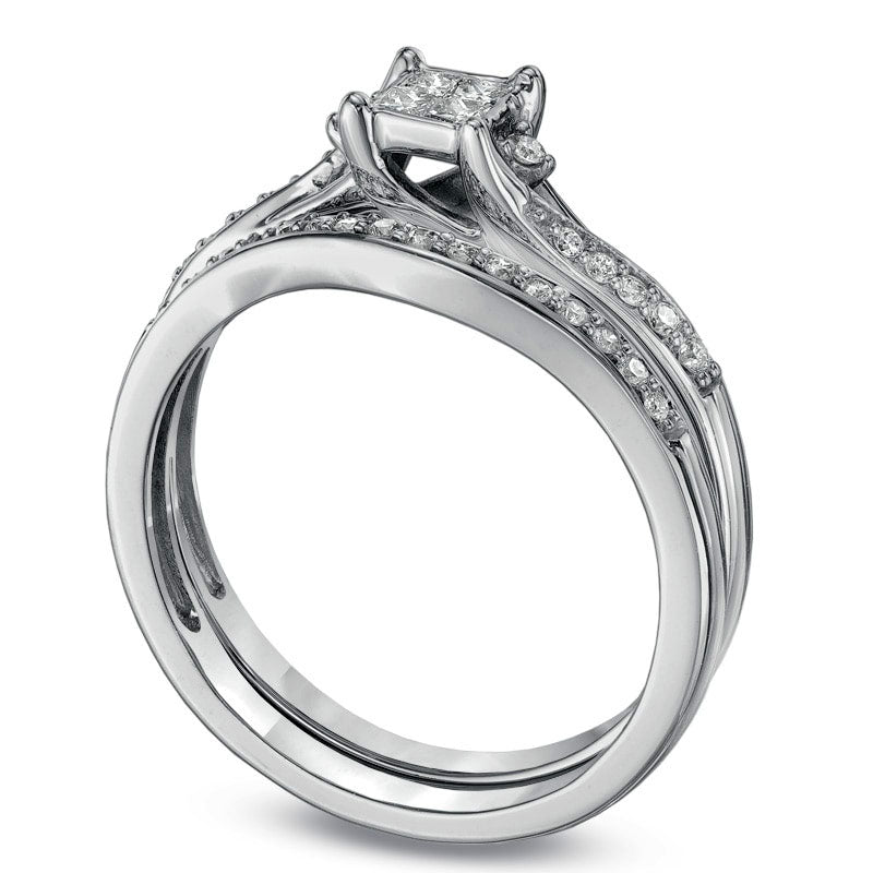 Image of ID 1 025 CT TW Quad Princess-Cut Natural Diamond Bypass Bridal Engagement Ring Set in Solid 10K White Gold