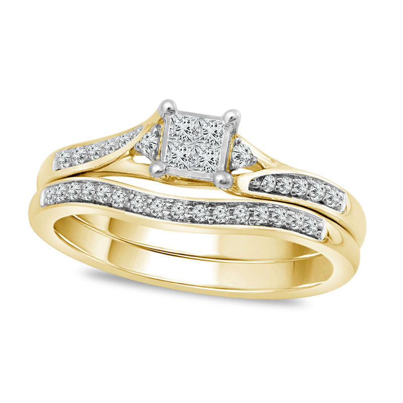 Image of ID 1 025 CT TW Quad Princess-Cut Natural Diamond Bypass Bridal Engagement Ring Set in Solid 10K Yellow Gold