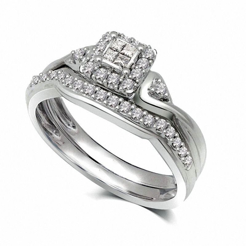 Image of ID 1 025 CT TW Quad Princess-Cut Natural Diamond Frame Bridal Engagement Ring Set in Solid 10K White Gold