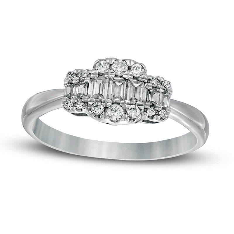 Image of ID 1 033 CT TW Baguette and Round Composite Natural Diamond Three Stone Ring in Solid 10K White Gold