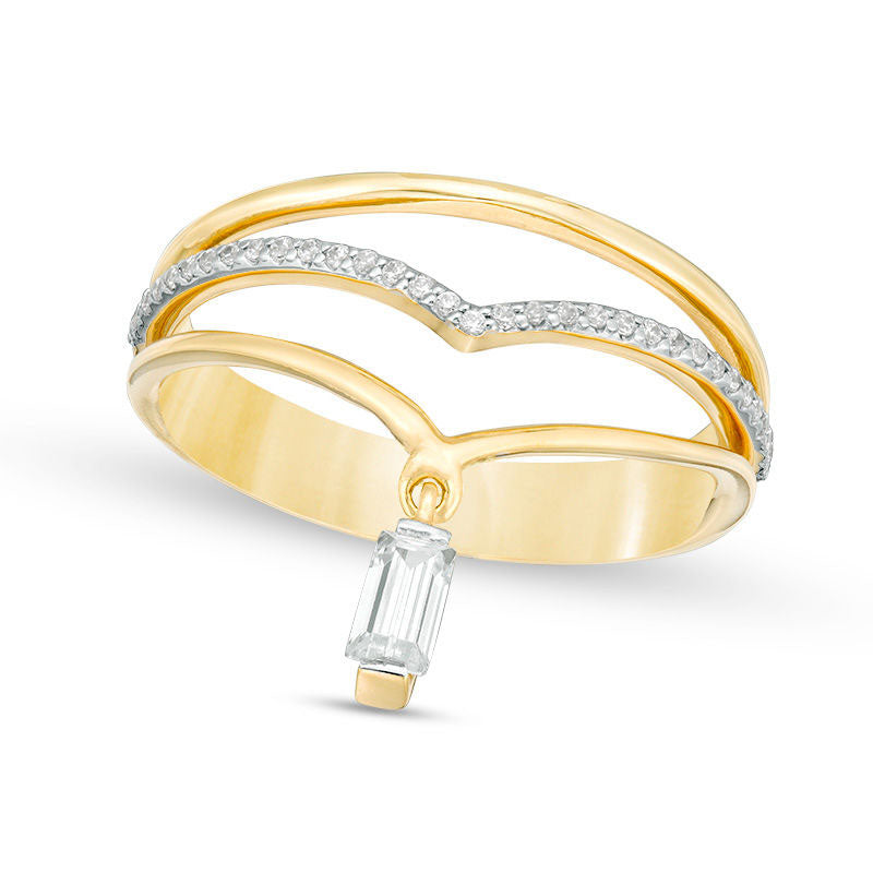 Image of ID 1 033 CT TW Baguette and Round Natural Diamond Chevron with Dangle Ring in Solid 10K Yellow Gold