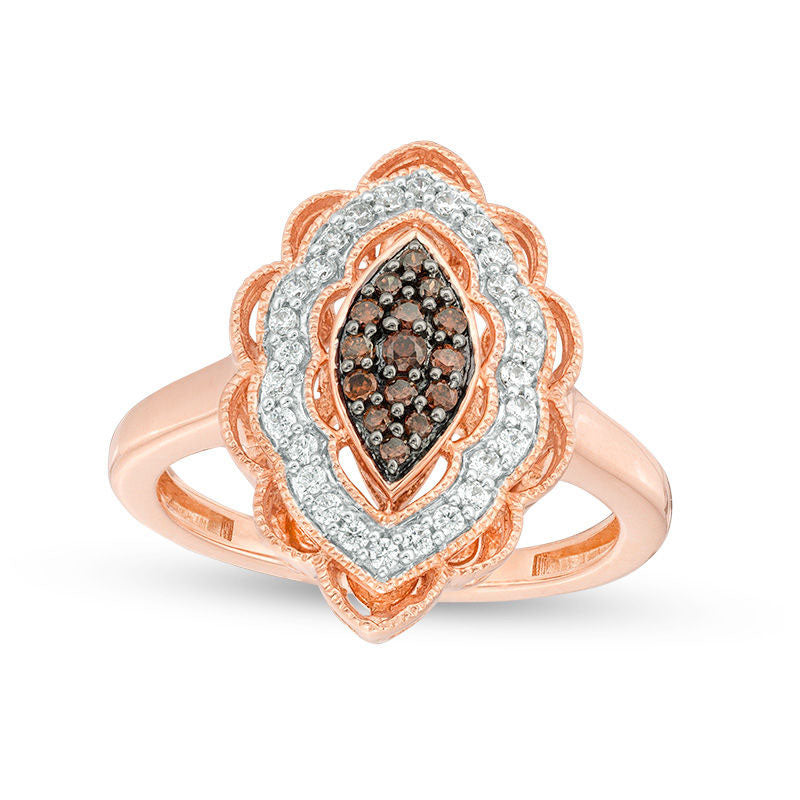 Image of ID 1 033 CT TW Composite Champagne and White Natural Diamond Marquise Scalloped Frame Ring in Solid 10K Rose Gold