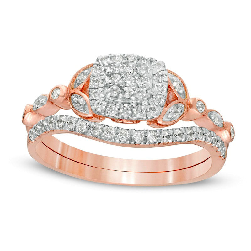 Image of ID 1 033 CT TW Composite Natural Diamond Cushion Frame Art Deco Bridal Engagement Ring Set in Solid 10K Rose Gold