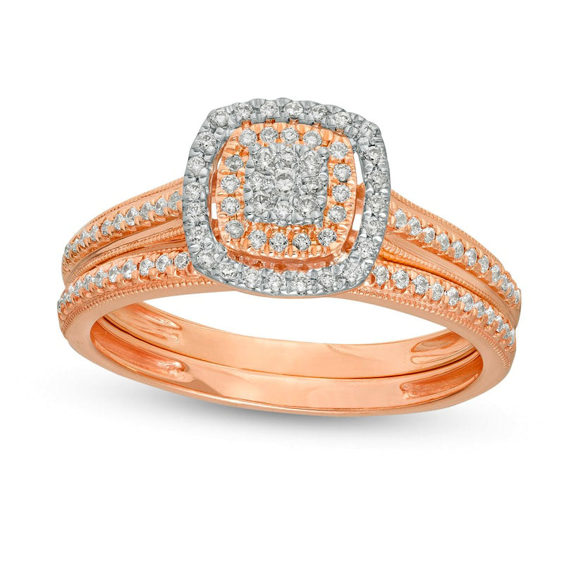 Image of ID 1 033 CT TW Composite Natural Diamond Double Cushion Frame Antique Vintage-Style Bridal Engagement Ring Set in Solid 10K Rose Gold