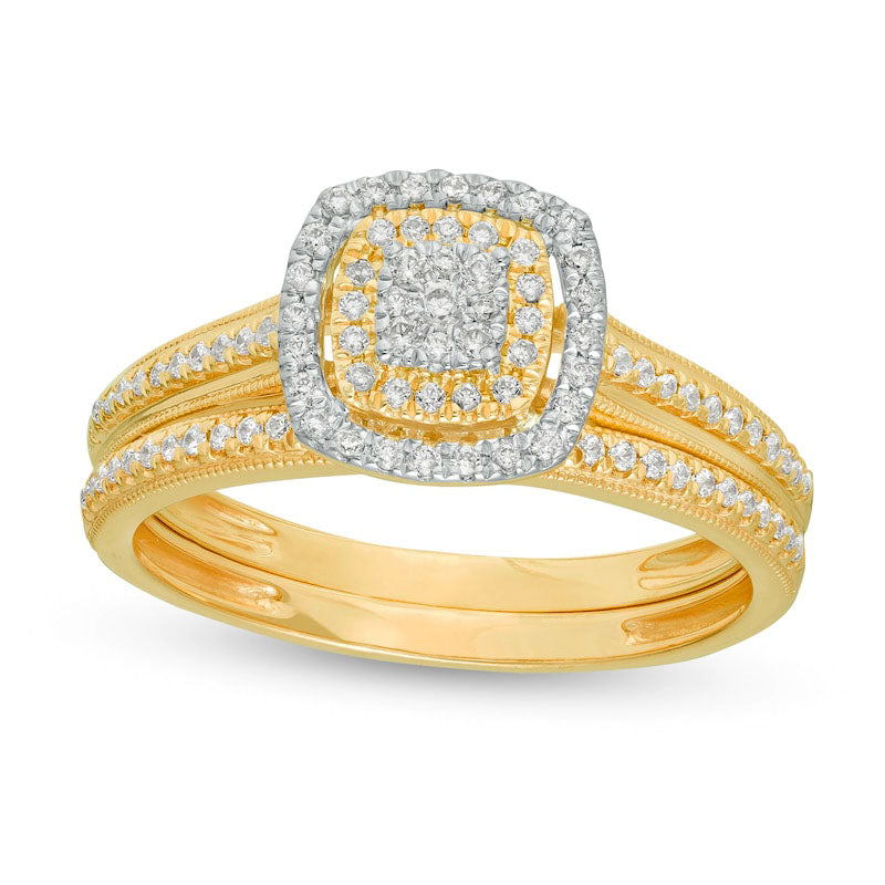Image of ID 1 033 CT TW Composite Natural Diamond Double Cushion Frame Antique Vintage-Style Bridal Engagement Ring Set in Solid 10K Yellow Gold