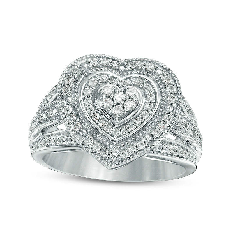 Image of ID 1 033 CT TW Composite Natural Diamond Double Heart Frame Antique Vintage-Style Ring in Sterling Silver