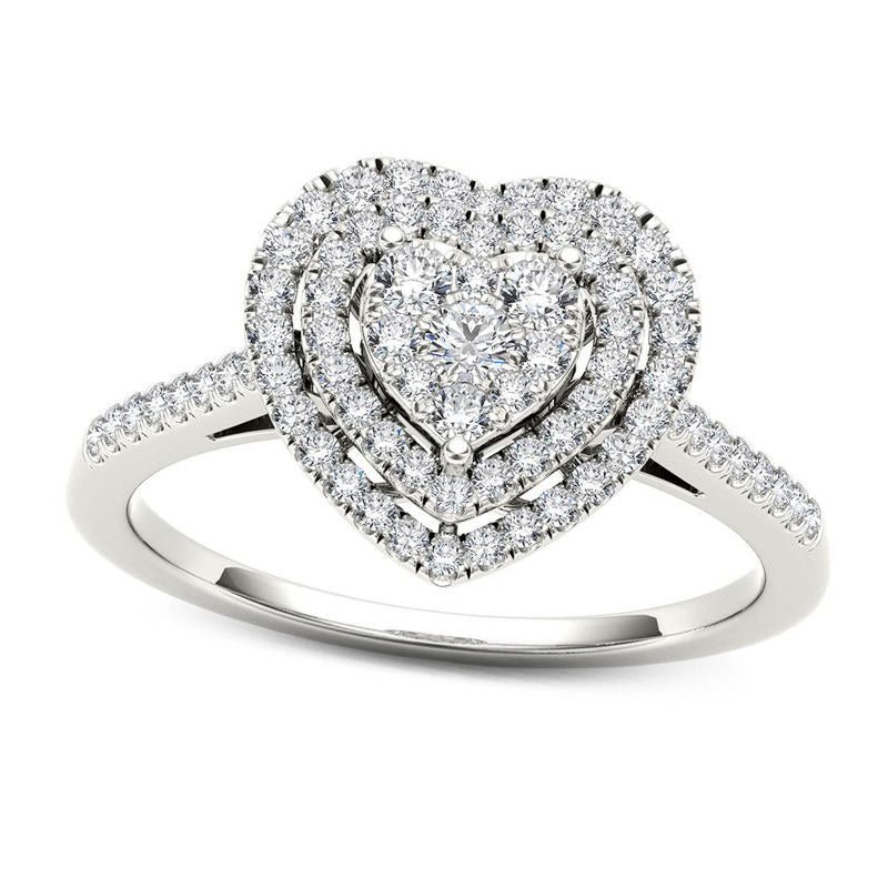 Image of ID 1 033 CT TW Composite Natural Diamond Double Heart Frame Engagement Ring in Solid 10K White Gold