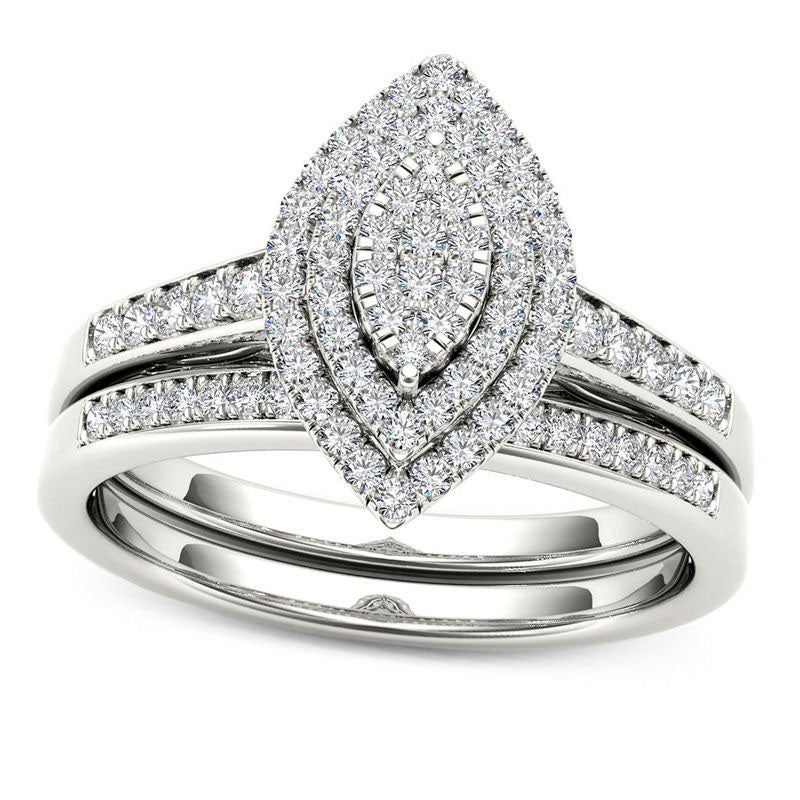 Image of ID 1 033 CT TW Composite Natural Diamond Double Marquise Frame Bridal Engagement Ring Set in Solid 10K White Gold