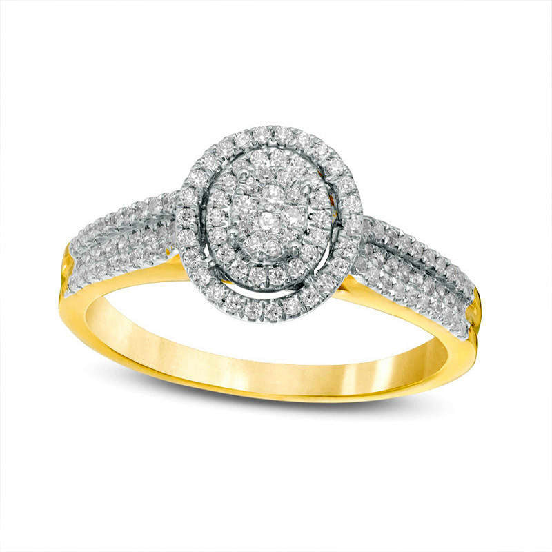 Image of ID 1 033 CT TW Composite Natural Diamond Double Oval Frame Engagement Ring in Solid 10K Yellow Gold