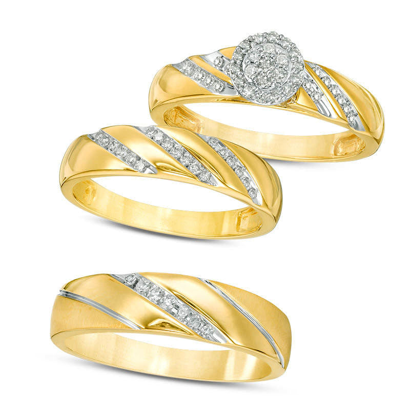 Image of ID 1 033 CT TW Composite Natural Diamond Frame Slant Wedding Ensemble in Solid 10K Yellow Gold - Size 7 and 10