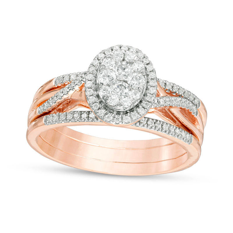 Image of ID 1 033 CT TW Composite Natural Diamond Oval Frame Twist Bridal Engagement Ring Set in Solid 10K Rose Gold
