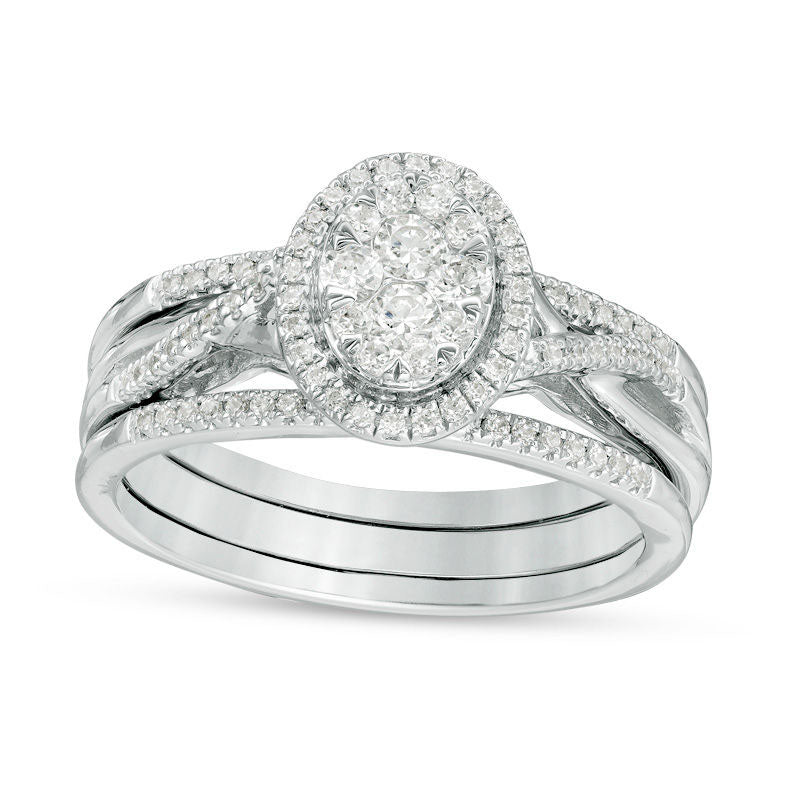 Image of ID 1 033 CT TW Composite Natural Diamond Oval Frame Twist Bridal Engagement Ring Set in Solid 10K White Gold
