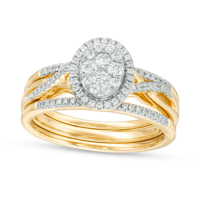 Image of ID 1 033 CT TW Composite Natural Diamond Oval Frame Twist Bridal Engagement Ring Set in Solid 10K Yellow Gold