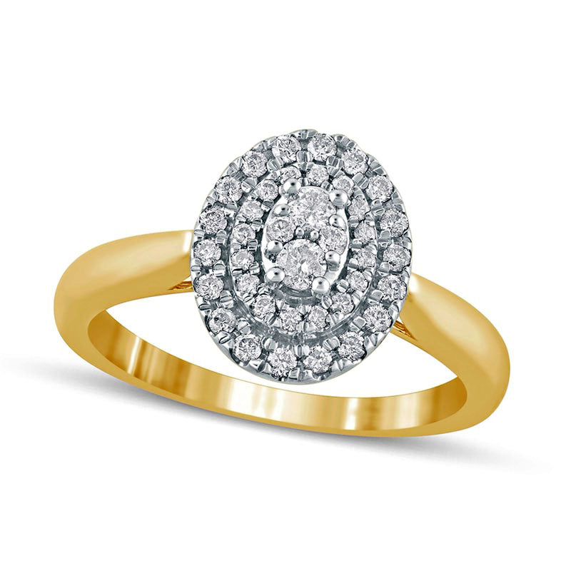 Image of ID 1 033 CT TW Composite Oval Natural Diamond Double Frame Engagement Ring in Solid 10K Yellow Gold
