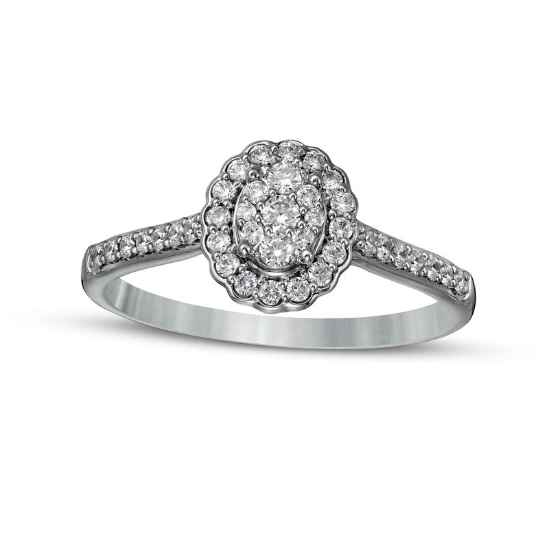 Image of ID 1 033 CT TW Composite Oval Natural Diamond Scallop Frame Engagement Ring in Solid 10K White Gold