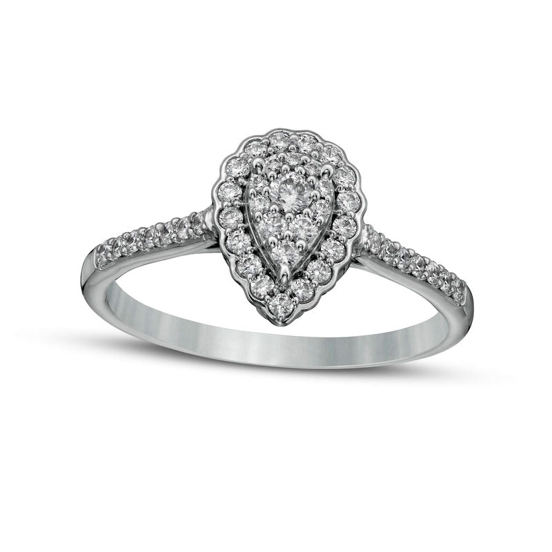 Image of ID 1 033 CT TW Composite Pear-Shaped Natural Diamond Scallop Frame Engagement Ring in Solid 10K White Gold