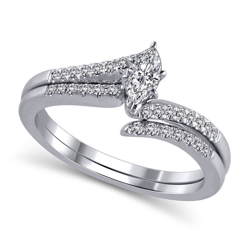 Image of ID 1 033 CT TW Marquise Natural Diamond Double Bypass Bridal Engagement Ring Set in Solid 14K White Gold