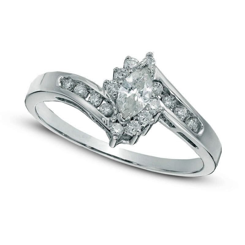 Image of ID 1 033 CT TW Marquise Natural Diamond Frame Bypass Engagement Ring in Solid 10K White Gold